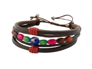 Tibetaanse leren armband met kralen en touw