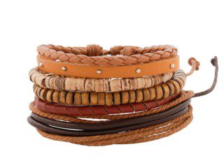 Brede leren armband uit Tibet met houten kralen en touw