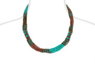 Afrikaanse kralenketting in de kleuren turquoise, koper en bruin