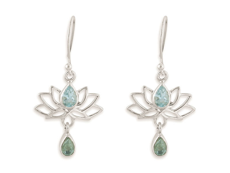 Indiase zilveren lotusbloem oorbellen met blauwe topaas